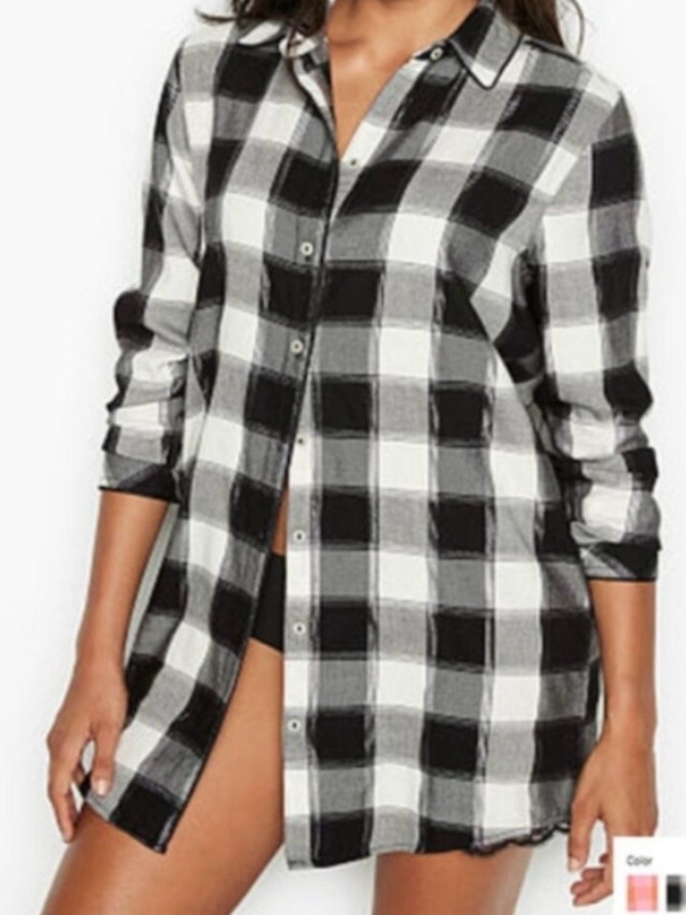 Victoria's Secret Black White Plaid Flannel Sleep Shirt Lace Trim Size Small